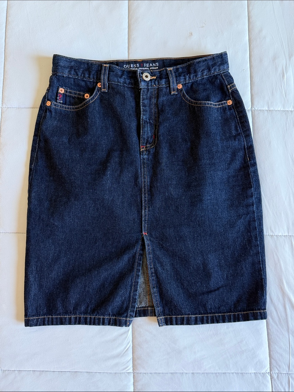 Vintage GUESS Dark Indigo Denim Pencil Skirt with Front Slit